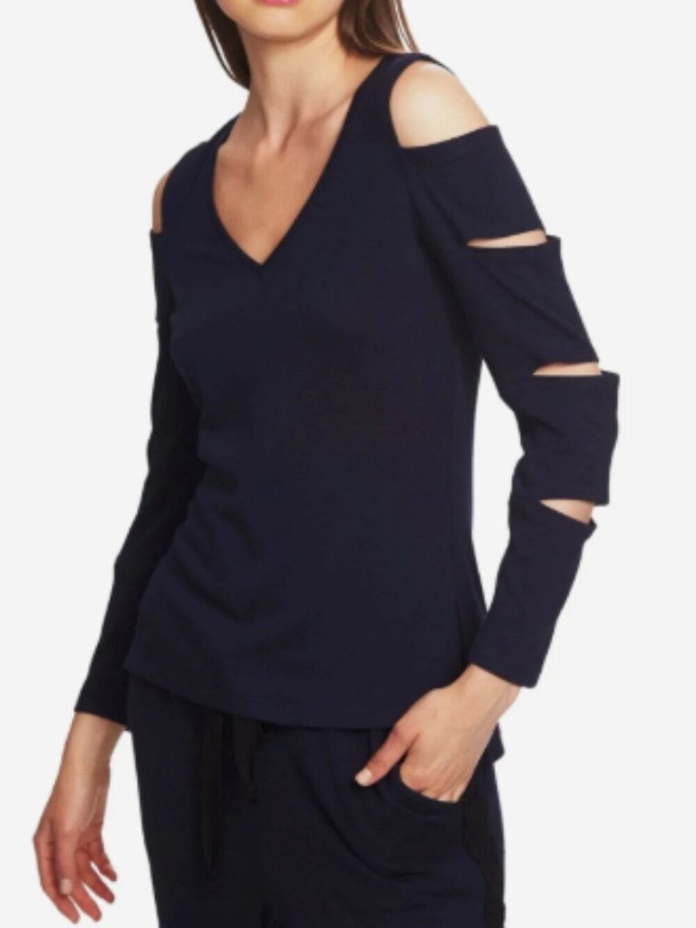 1.State Women's Size Small Cutout V-Neck Top Navy Blue Lightweight Sweater Cage